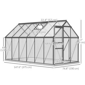 Outsunny 6' x 12' x 6.5' Polycarbonate Greenhouse, Walk-in Green House with Adjustable Roof Vent Galvanized Base Sliding Door Rain Gutter for Outdoor Garden Backyard, Charcoal Grey - Image 3
