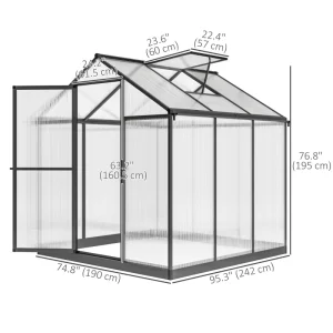 Outsunny 6' x 8' x 6.4' Polycarbonate Greenhouse, Aluminum Walk-In Green House Kit Garden, Plants Grow with Rain Gutter and Roof Vent, Charcoal Grey - Image 3