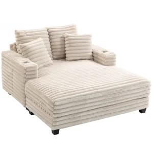 HOMCOM 60" Chaise Lounge Chair, Oversized Upholstered Sofa Bed with Cup Holders & Pillows, Sleeper Couch for Living Room, Beige - Image 2