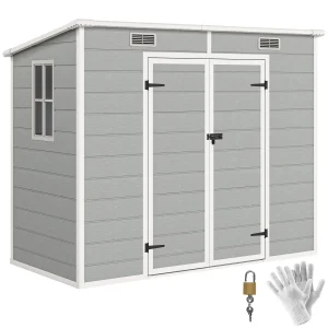 Outsunny 8' x 4' Resin Outdoor Storage Shed with Floor, Window, Lockable Doors and Vents for Backyard Patio Lawn, Light Grey - Image 3