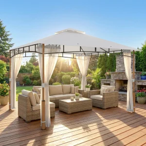 Outsunny 10' x 12' Patio Gazebo, UPF50+ Double Roof Outdoor Gazebo Canopy Shelter with Netting for Backyard, Patio, Cream White - Image 2