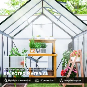 Outsunny 6' x 6' x 6.5' Polycarbonate Greenhouse, Walk-in Green House with Adjustable Roof Vent Galvanized Base Sliding Door Rain Gutter for Outdoor Garden Backyard, Grey - Image 4