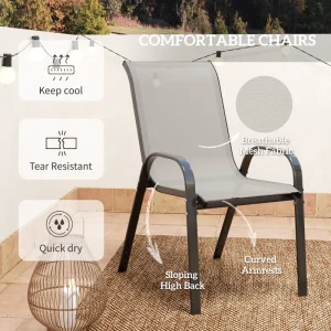 3 Pieces Bistro Set, Small Patio Furniture Set with Stackable Mesh Chairs, Glass Table for Garden, Balcony, Light Grey - Image 4