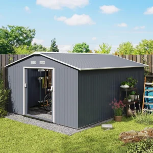Outsunny 11.2ft x 12.5ft Practical Backyard Garden Storage Tool Shed 4 Ventilation Slots Double Sliding Door, Grey - Image 2