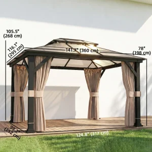 Outsunny 10' x 12' Hardtop Gazebo Canopy with Double PC Roof, Steel Permanent Outdoor Gazebo with Curtains and Netting, Khaki - Image 3