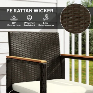3 Pieces Wicker Patio Furniture Set, Rattan Bistro Set w/ Acacia Wood Table & Removable Cushions, White - Image 5