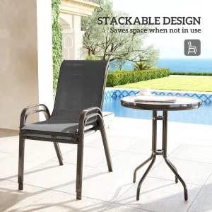3 Pieces Bistro Set, Small Patio Furniture Set with Stackable Mesh Chairs, Glass Table for Garden, Balcony, Dark Grey - Image 4