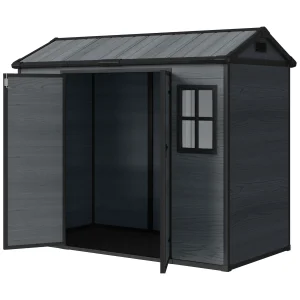 Outsunny 8 x 4 ft Resin Garden Shed, Wood-Effect Outdoor Storage Shed with Floor, Windows, Lockable Doors and Vents, Dark Grey - Image 2