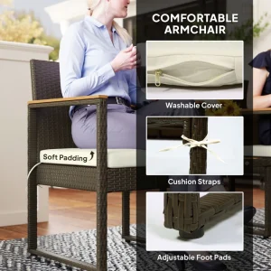 3 Pieces Wicker Patio Furniture Set, Rattan Bistro Set w/ Acacia Wood Table & Removable Cushions, White - Image 6