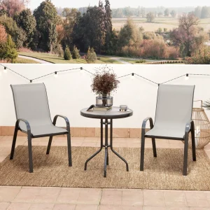 3 Pieces Bistro Set, Small Patio Furniture Set with Stackable Mesh Chairs, Glass Table for Garden, Balcony, Light Grey - Image 6