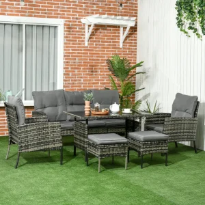 6 Piece Patio Furniture Set with Patio Chairs, Ottomans, Sofa, Glass Top Table and Cushions, Wicker Rattan Outdoor Furniture Set for Backyard, Porch, Grey - Image 6
