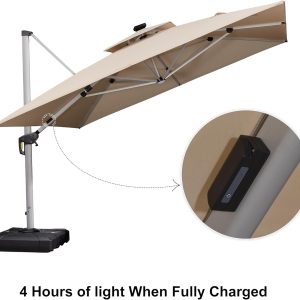 10' X 10' Feet Double Top Deluxe Solar Powered LED Square Patio Umbrella Offset Hanging Umbrella Outdoor Market Umbrella Garden Umbrella, Beige - Image 2