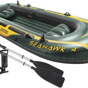 INTEX 68351EP Seahawk 4 Inflatable Boat Set: Includes Deluxe 54in Aluminum Oars and High-Output Pump – SuperStrong PVC – Fishing Rod Holders – 4-Person – 1050lb Weight Capacity - Image 1
