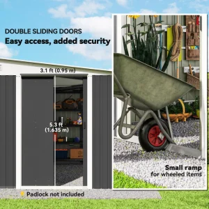 11' x 9' Steel Garden Storage Shed, Outdoor Metal Tool House with Double Sliding Doors, Dark Grey - Image 11