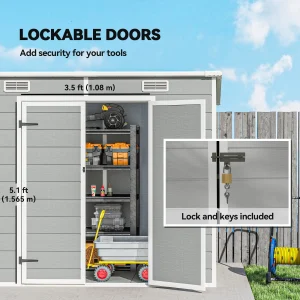 Outsunny 8' x 4' Resin Outdoor Storage Shed with Floor, Window, Lockable Doors and Vents for Backyard Patio Lawn, Light Grey - Image 6
