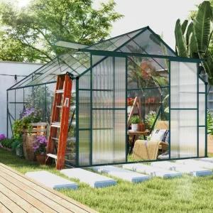 Outsunny Aluminium Greenhouse Polycarbonate Walk-in Garden Greenhouse Kit with Adjustable Roof Vent, 8 x 12ft, Green - Image 7