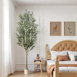 Artificial Olive Tree 8ft Faux Olive Trees with White Planter, Fake Olive Plant with Realistic Branches and Fruits Tall Fake Plants for Indoor Modern Home Office Living Room Decor Housewarming - Image 1