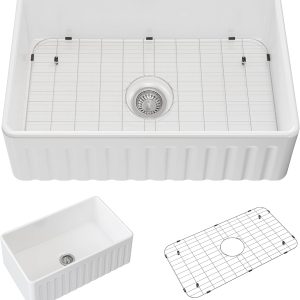 Farmhouse Sink 33 Inch White Fireclay Apron Front Single Bowl Deep Drop In Kitchen Sink Undermount Farm Sink with Bottom Grid & Strainer - Image 6
