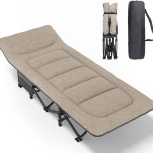 Camping Cot for Adults with Cushion and Pillow, Portable Folding Bed for Sleeping, Lightweight Tent cot with Carry Bag Supports 450 lbs (Khaki) - Image 1