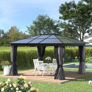 Outsunny 12' x 15' Hardtop Gazebo Canopy with Polycarbonate Roof, Aluminum Frame, Netting, Curtains and Ceiling Hook, Dark Grey - Image 8