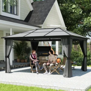 Outsunny 12' x 15' Hardtop Gazebo Canopy with Polycarbonate Roof, Aluminum Frame, Netting, Curtains and Ceiling Hook, Dark Grey - Image 1