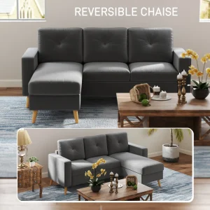 HOMCOM Sectional Sofa Couch, L Shaped Couch with Reversible Chaise, Wooden Legs for Living Room, Bedroom, Dark Grey - Image 2