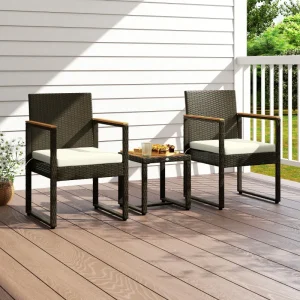 3 Pieces Wicker Patio Furniture Set, Rattan Bistro Set w/ Acacia Wood Table & Removable Cushions, White - Image 8