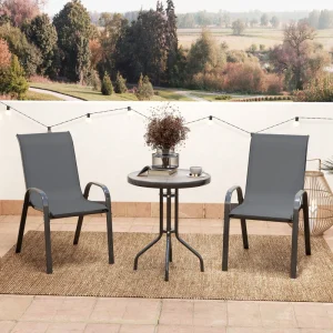 3 Pieces Bistro Set, Small Patio Furniture Set with Stackable Mesh Chairs, Glass Table for Garden, Balcony, Dark Grey - Image 7