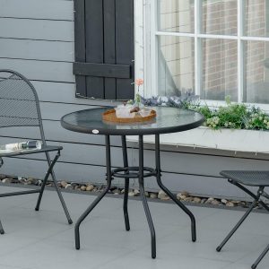 31.5" Round Outdoor Dining Table with Umbrella Hole, Patio Coffee End Side Bistro Table with Tempered Glass Top, Steel Frame for Backyard. - Image 2