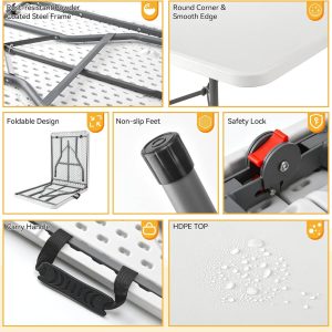 6 FT Folding in Half Table, Plastic Portable Tables for Dining Parties Picnic Camping, - Image 4