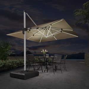10' X 10' Feet Double Top Deluxe Solar Powered LED Square Patio Umbrella Offset Hanging Umbrella Outdoor Market Umbrella Garden Umbrella, Beige - Image 1