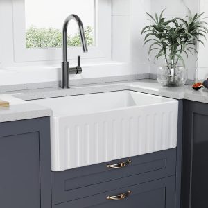 Farmhouse Sink 33 Inch White Fireclay Apron Front Single Bowl Deep Drop In Kitchen Sink Undermount Farm Sink with Bottom Grid & Strainer - Image 7