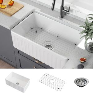 Farmhouse Sink 33 Inch White Fireclay Apron Front Single Bowl Deep Drop In Kitchen Sink Undermount Farm Sink with Bottom Grid & Strainer - Image 2