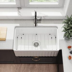 Farmhouse Sink 33 Inch White Fireclay Apron Front Single Bowl Deep Drop In Kitchen Sink Undermount Farm Sink with Bottom Grid & Strainer - Image 3