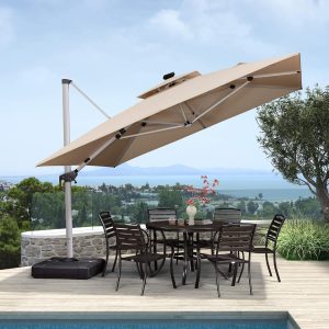 10' X 10' Feet Double Top Deluxe Solar Powered LED Square Patio Umbrella Offset Hanging Umbrella Outdoor Market Umbrella Garden Umbrella, Beige - Image 4