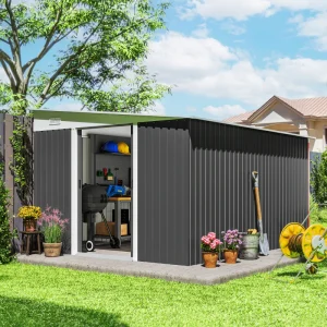 11' x 9' Steel Garden Storage Shed, Outdoor Metal Tool House with Double Sliding Doors, Dark Grey - Image 1