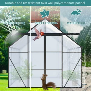 8 x 8 ft Double Door Polycarbonate Greenhouse with Galvanized Base, Walk-in Hothouse for Backyard, 94.5" L x 98" W x 89.5" H, Black - Image 6