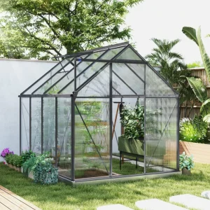 Outsunny 6' x 8' x 6.5' Polycarbonate Greenhouse, Walk-in Green House with Adjustable Roof Vent Galvanized Base Sliding Door Rain Gutter for Outdoor Garden Backyard, Charcoal Grey - Image 9