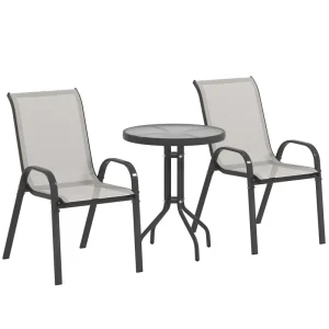 3 Pieces Bistro Set, Small Patio Furniture Set with Stackable Mesh Chairs, Glass Table for Garden, Balcony, Light Grey - Image 9