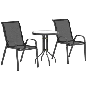 3 Pieces Bistro Set, Small Patio Furniture Set with Stackable Mesh Chairs, Glass Table for Garden, Balcony, Black - Image 9