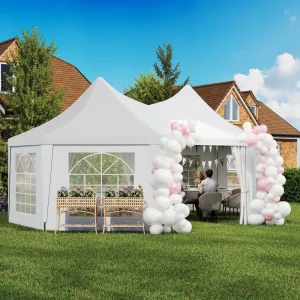 Outsunny 16' x 22' Wedding Event Party Tent High Peak Octagonal Outdoor Gazebo Canopy with Removable Walls, for Weddings, Parties, White - Image 8