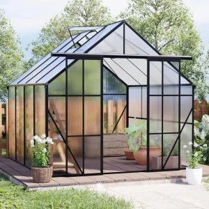 8 x 8 ft Double Door Polycarbonate Greenhouse with Galvanized Base, Walk-in Hothouse for Backyard, 94.5" L x 98" W x 89.5" H, Black - Image 1