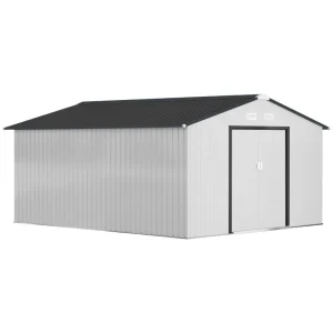 Outsunny 11' x 13' Garden Storage Shed w/ Foundation Kit Metal Tool Storage House w/ Double Doors White - Image 5