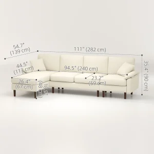 HOMCOM L-Shape Sofa, Modern Sectional Couch with Changeable Chaise Lounge, Pillows and Wooden Legs for Living Room, Cream White - Image 5