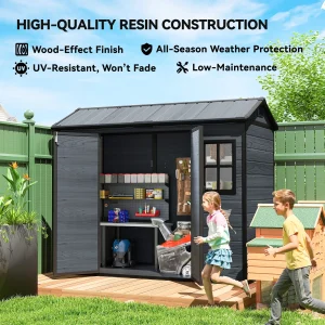 Outsunny 8 x 4 ft Resin Garden Shed, Wood-Effect Outdoor Storage Shed with Floor, Windows, Lockable Doors and Vents, Dark Grey - Image 7