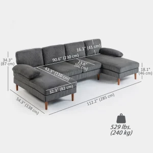 HOMCOM U Shape Couch with Double Chaise Lounge, Modern 4 Seater Sofa with Wooden Legs, Fabric Sofa for Living Room, Dark Grey - Image 5