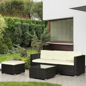Outsunny 3 Pieces Patio Furniture Set with Cushions, Outdoor PE Rattan Wicker Conversation Corner Sofa Set with Glass Top Table and Adjustable Foot for Garden, Lawn, Cream White - Image 2