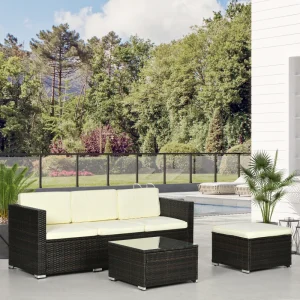 Outsunny 3 Pieces Patio Furniture Set with Cushions, Outdoor PE Rattan Wicker Conversation Corner Sofa Set with Glass Top Table and Adjustable Foot for Garden, Lawn, Cream White - Image 3