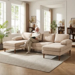 HOMCOM U Shape Couch with Double Chaise Lounge, Modern 4 Seater Sofa with Wooden Legs, Fabric Sofa for Living Room, Beige - Image 11