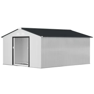 Outsunny 11' x 13' Garden Storage Shed w/ Foundation Kit Metal Tool Storage House w/ Double Doors White - Image 2